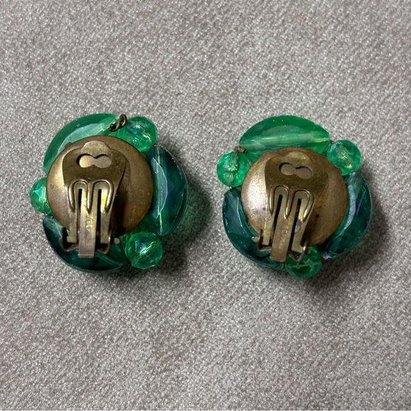 Vintage Green Beaded West Germany Clip On Earrings - Picture 4 of 4